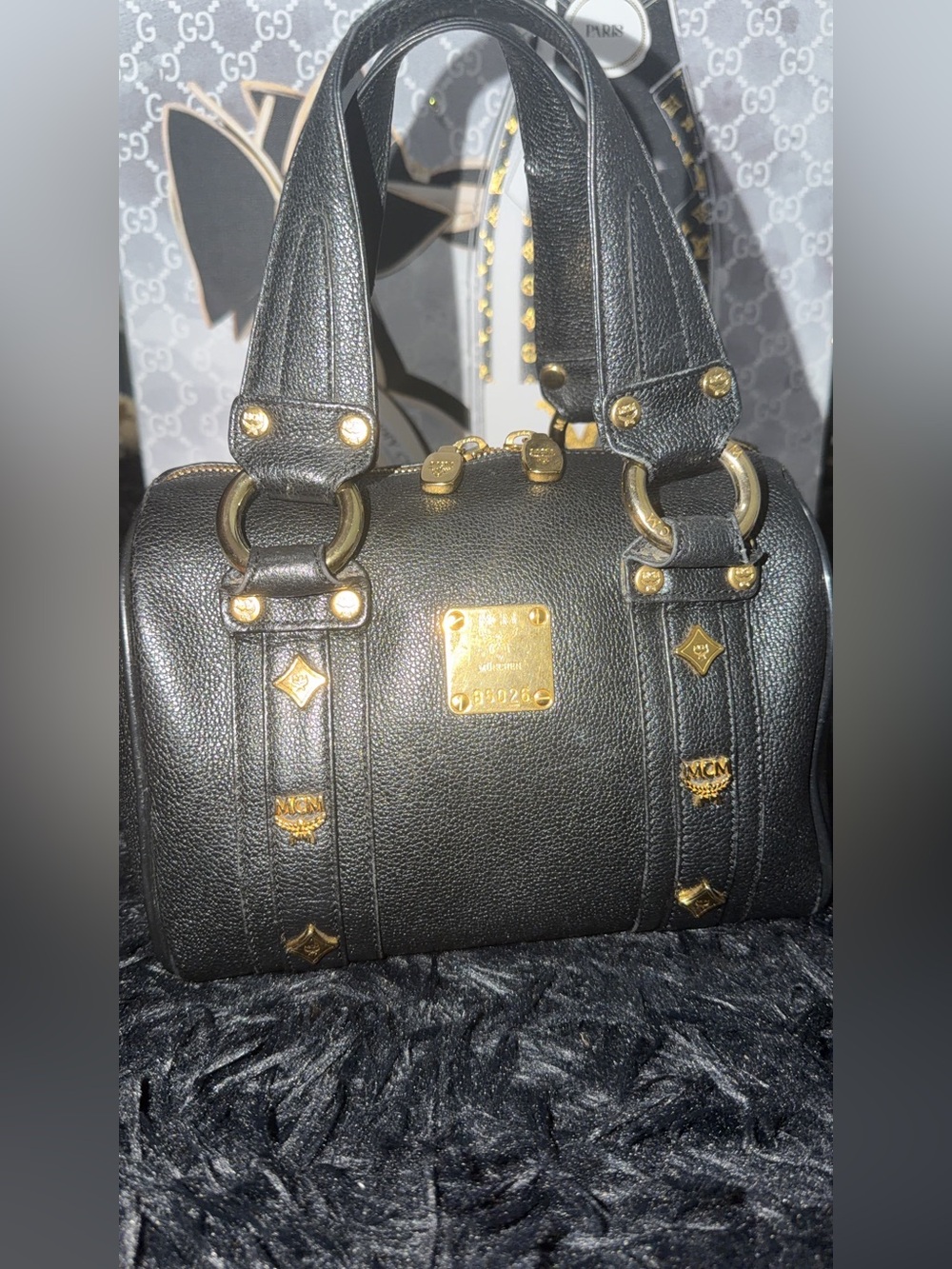 MCM Black Mini Barrel Satchel with Gold Hardware